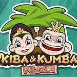 Două personaje animate de maimuțe, cu o coroană și un accesoriu pe cap, sunt desenate sub un palmier, alături de textul „Kiba & Kumba Puzzle