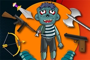 Zombi caricatural în mijlocul imaginii, înconjurat de diferite arme, inclusiv o sabie, un topor, un arc și o pușcă