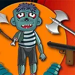 Zombi caricatural în mijlocul imaginii, înconjurat de diferite arme, inclusiv o sabie, un topor, un arc și o pușcă
