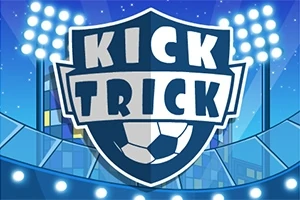 Siglă albastră cu text alb Kick Trick și o minge de fotbal, pe fundal de stadioane și reflectoare