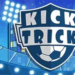 Siglă albastră cu text alb Kick Trick și o minge de fotbal, pe fundal de stadioane și reflectoare