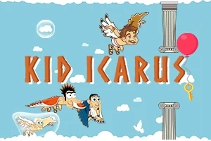 Un personaj cu aripi zboară printre nori alături de alți doi prieteni, un balon roșu, o cheie și câteva coloane, pe un fundal albastru cu textul Kid Icarus
