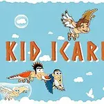 Un personaj cu aripi zboară printre nori alături de alți doi prieteni, un balon roșu, o cheie și câteva coloane, pe un fundal albastru cu textul Kid Icarus
