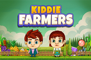 Doi copii desenați într-un stil animat stau pe un fundal verde într-un peisaj agricol, cu textul Kiddie Farmers deasupra