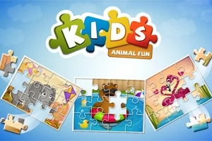 Logo colorat „KIDS Animal Fun” cu imagini de puzzle pentru copii cu animale, pe fundal albastru