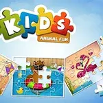 Logo colorat „KIDS Animal Fun” cu imagini de puzzle pentru copii cu animale, pe fundal albastru