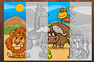 Ilustrație colorată cu un leu, o girafă, un bivol, un lemur și o maimuță pe fundal de savană sub soare