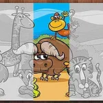 Ilustrație colorată cu un leu, o girafă, un bivol, un lemur și o maimuță pe fundal de savană sub soare