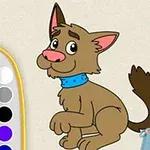 Un câine desenat, cu blană maro și zâmbet, poartă o zgardă albastră și este înconjurat de paletă de culori și pensule