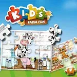 Ilustrație cu un puzzle de copii având o temă de fermă, cu piese dispuse și o vacă în centru, sub text colorat