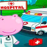 Hipopotam roz îmbrăcat ca doctor, lângă o ambulanță și un semn de spital