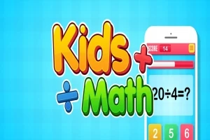 Text colorat cu Kids Math și un ecran de telefon cu un exercițiu matematic de împărțire pe fundal albastru