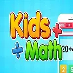 Text colorat cu Kids Math și un ecran de telefon cu un exercițiu matematic de împărțire pe fundal albastru