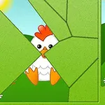 O imagine cu un puzzle în formă de pui de găină pe un fundal verde, cu un peisaj de dealuri și cer senin