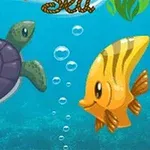 Broască țestoasă verde și pește galben interacționând sub apă, cu bule plutind în jurul lor