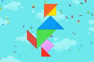 Formă geometrică colorată alcătuită din piese tangram pe un fundal albastru cu nori și confeti