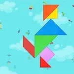 Formă geometrică colorată alcătuită din piese tangram pe un fundal albastru cu nori și confeti
