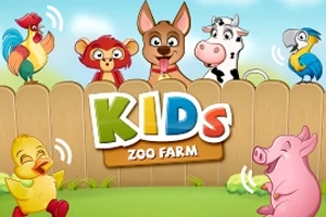 Animale de fermă și zoo animate, incluzând un cocoș, un rață, o maimuță, un câine, o vacă, un papagal și un porc, lângă un gard de lemn, cu textul colorat Kids Zoo Farm