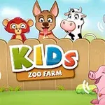 Animale de fermă și zoo animate, incluzând un cocoș, un rață, o maimuță, un câine, o vacă, un papagal și un porc, lângă un gard de lemn, cu textul colorat Kids Zoo Farm