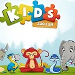 Desen animat cu animale în stil jucăuș, incluzând un rinocer, un papagal, o maimuță, un șarpe și un elefant, cu litere colorate de puzzle