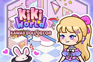 Personaj chibi blond într-o cameră pastelată decorată kawaii, cu logo roz și iepuraș alb în prim-plan