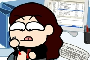 Un personaj animat cu păr lung, brunet, aplică ojă la un birou cu un calculator și un monitor în fundal