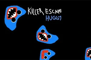 Mai multe capete albastre, cu ochi mari și guri deschise, pe un fundal negru, alături de textul Killer Escape Huggy