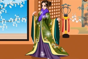 Femeie în costum tradițional japonez, cu un fundal de flori de cireș și decorațiuni interioare orientale