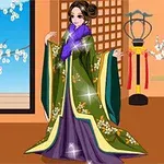 Femeie în costum tradițional japonez, cu un fundal de flori de cireș și decorațiuni interioare orientale