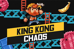 Personaj pixelat cu barbă înconjurat de elemente arcade, cum ar fi scări, platforme albastre, un butoi roz și o banană, cu textul KING KONG CHAOS în față
