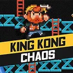 Personaj pixelat cu barbă înconjurat de elemente arcade, cum ar fi scări, platforme albastre, un butoi roz și o banană, cu textul KING KONG CHAOS în față