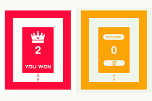 Ecran de victorie cu o coroană și textul YOU WON pe fundal roșu, lângă un ecran portocaliu cu zero puncte și opțiuni de joc