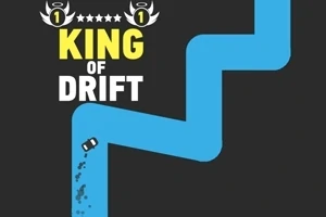 Un drum albastru sinuos pe un fundal negru, cu o mașină mică neagră care alunecă și textul KING OF DRIFT deasupra