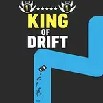 Un drum albastru sinuos pe un fundal negru, cu o mașină mică neagră care alunecă și textul KING OF DRIFT deasupra