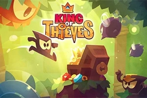 Personaje animate într-o pădure misterioasă, cu un cufăr de comori și diamante strălucitoare, sub logo-ul King of Thieves