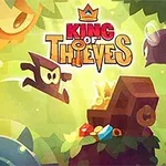 Personaje animate într-o pădure misterioasă, cu un cufăr de comori și diamante strălucitoare, sub logo-ul King of Thieves