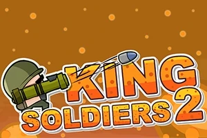 Soldat cu cască verde și lansator de rachete, alături de textul King Soldiers 2 pe fundal portocaliu cu buline