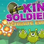 Text colorat King Soldiers Ultimate Edition cu personaje verzi extraterestre și explozii în fundal