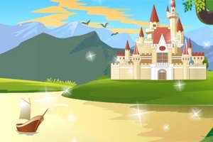 Castel fantezist cu turnuri roșii pe malul unui râu, într-un peisaj montan cu cer senin și păsări zburând