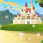 Castel fantezist cu turnuri roșii pe malul unui râu, într-un peisaj montan cu cer senin și păsări zburând