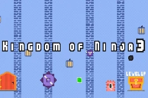 Text Kingdom of Ninja 3 pe un fundal pixelat albastru deschis cu coloane verticale, o ușă portocalie, un personaj roz, o creatură purpurie și un buton galben Level Up vizibile