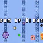 Text Kingdom of Ninja 3 pe un fundal pixelat albastru deschis cu coloane verticale, o ușă portocalie, un personaj roz, o creatură purpurie și un buton galben Level Up vizibile