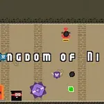 Text pixelat Kingdom of Ninja 4 pe un fundal fantezist cu elemente de joc precum o ușă roșie, forme geometrice și simboluri colorate
