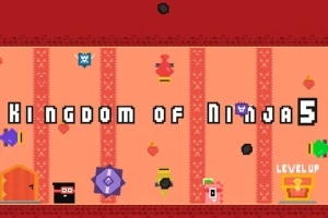 Textul Kingdom of Ninja 5 pe un fundal de joc pixelat, cu elemente grafice colorate și ușă portocalie în colțul din stânga jos
