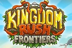 Kingdom Rush Frontiers Text colorat și stilizat cu cuvintele Kingdom Rush Frontiers pe fundal albastru deschis cu nori