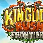 Kingdom Rush Frontiers Text colorat și stilizat cu cuvintele Kingdom Rush Frontiers pe fundal albastru deschis cu nori