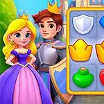 Prinț și prințesă desen animat în fața unui castel, alături de o grilă de simboluri colorate, inclusiv coroane și diamante