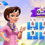 O femeie zâmbitoare în fața unui set de cărți de joc afișate pe ecran cu fundal colorat și monede aurii