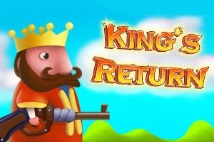 Regele zâmbitor cu coroană, purtând o pușcă, pe fundal albastru cu nori și text King’s Return