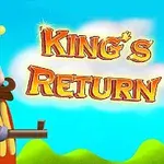 Regele zâmbitor cu coroană, purtând o pușcă, pe fundal albastru cu nori și text King’s Return